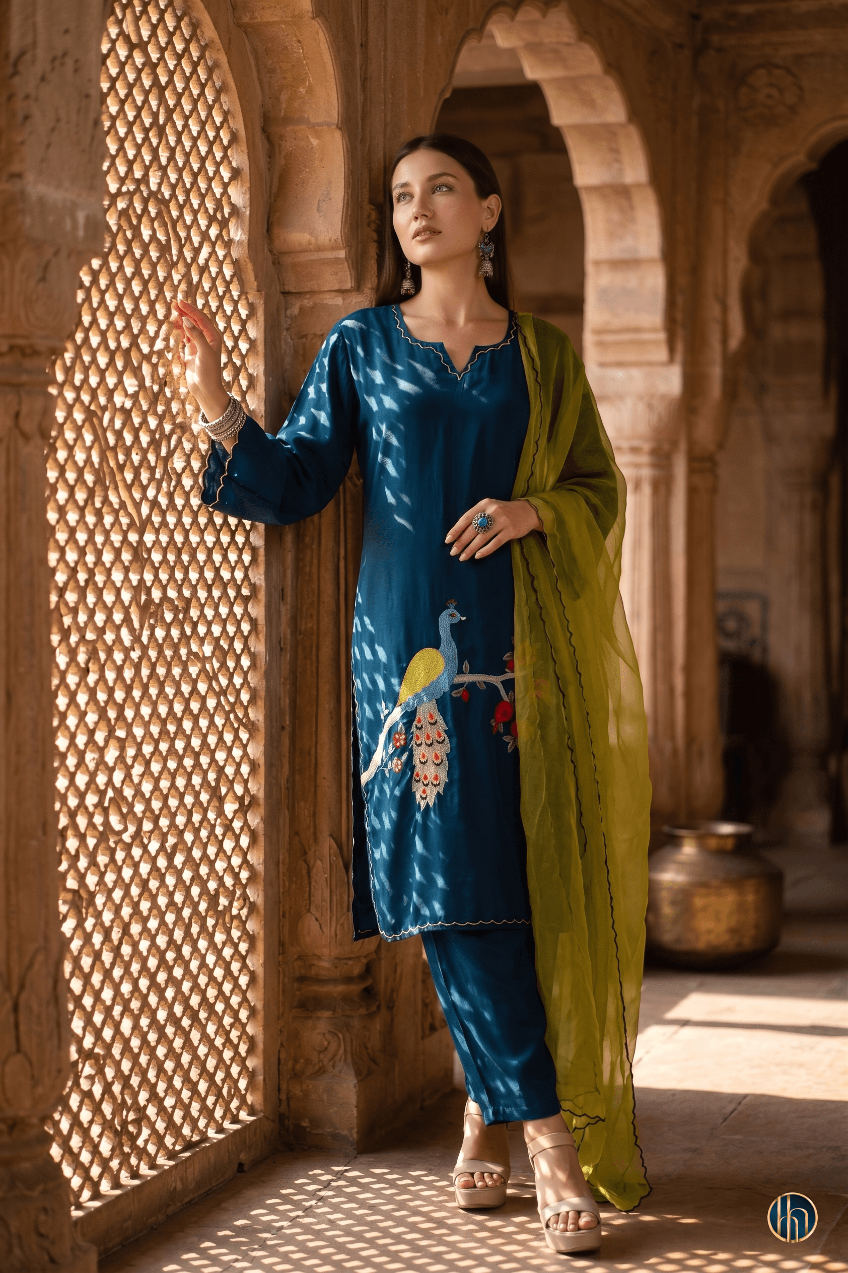 Mayuri Peacock Blue Kurta Set with Hand-Appliqué Embriodery