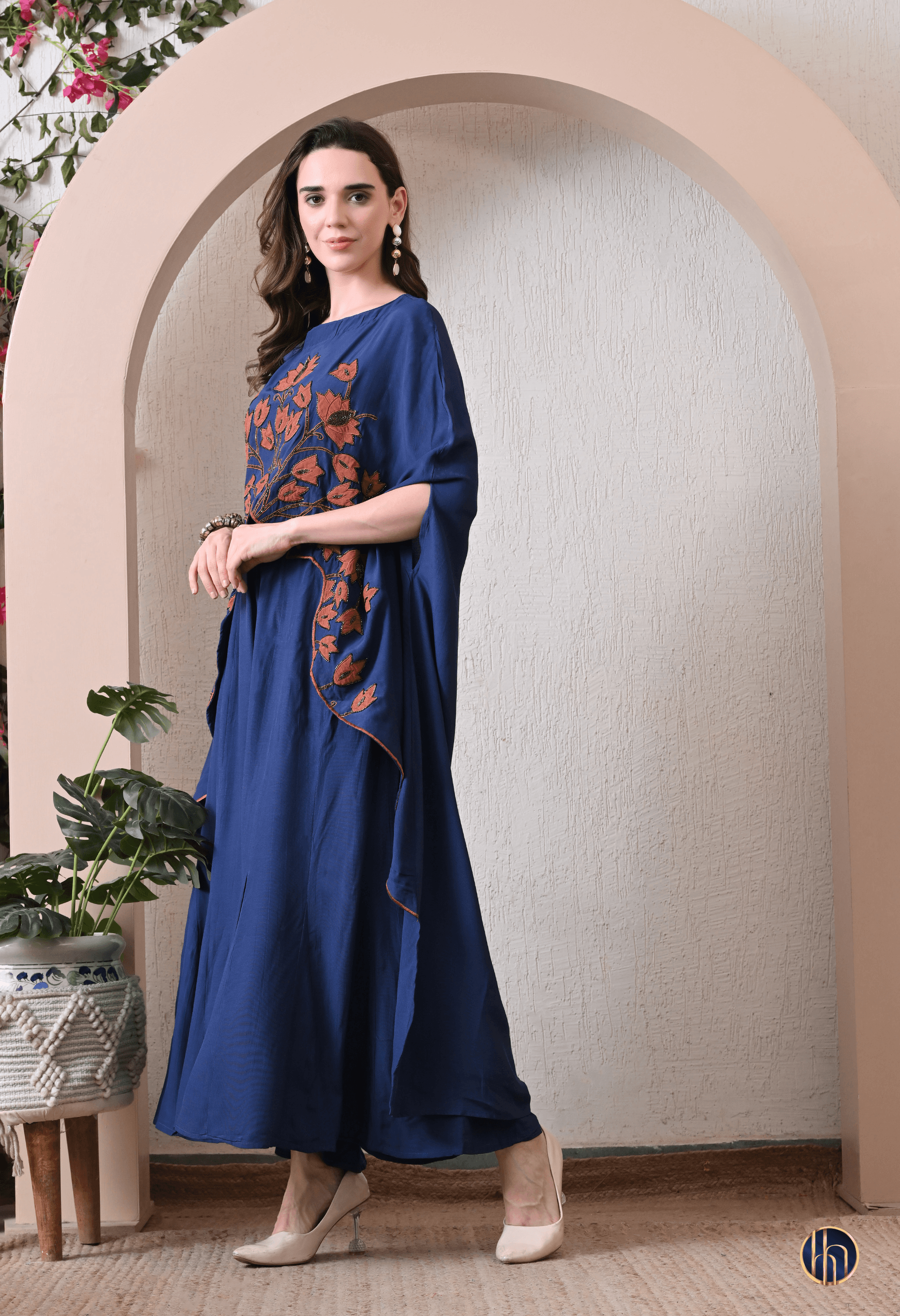 Rhea Royal Blue Asymmetric Kaftan with Hand-Embriodered Applique Work
